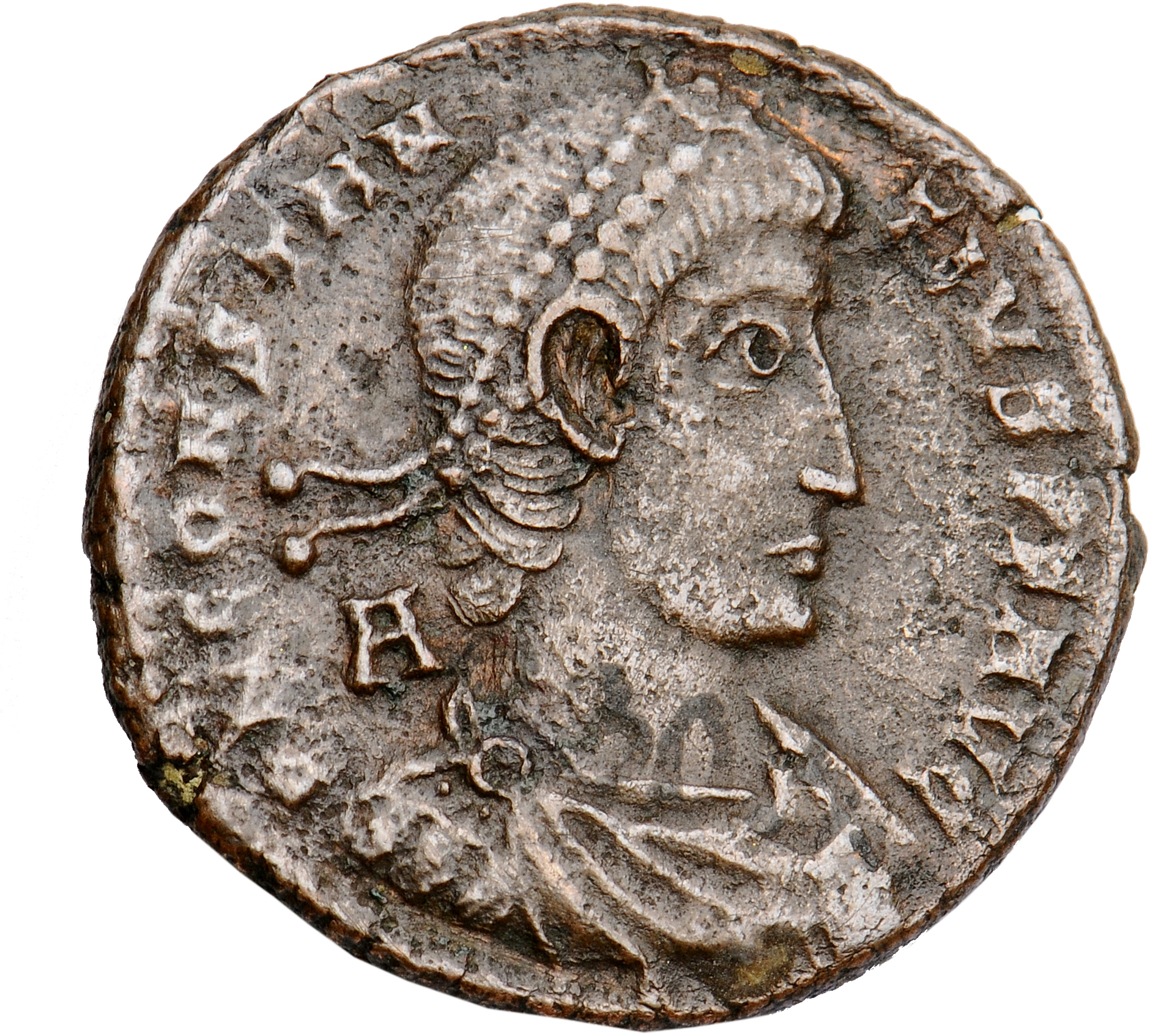 RIC VIII Siscia 304 Constantius II obverse, Bust of Constantius II, pearl-diademed, draped, cuirassed, right; A behind bust