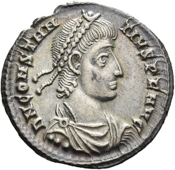 RIC VIII Siscia 324 Constantius II obverse, Bust of Constantius II, pearl-diademed, draped, cuirassed, right