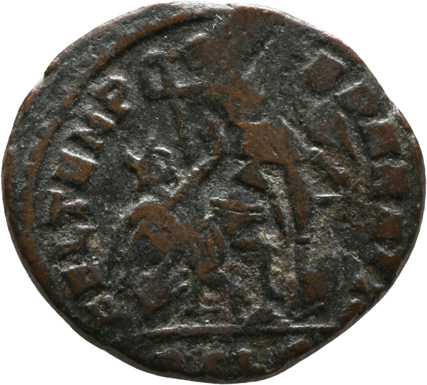 RIC VIII Siscia 350 Constantius II reverse, Soldier, helmeted, draped, cuirassed, advancing left, spearing fallen horseman...