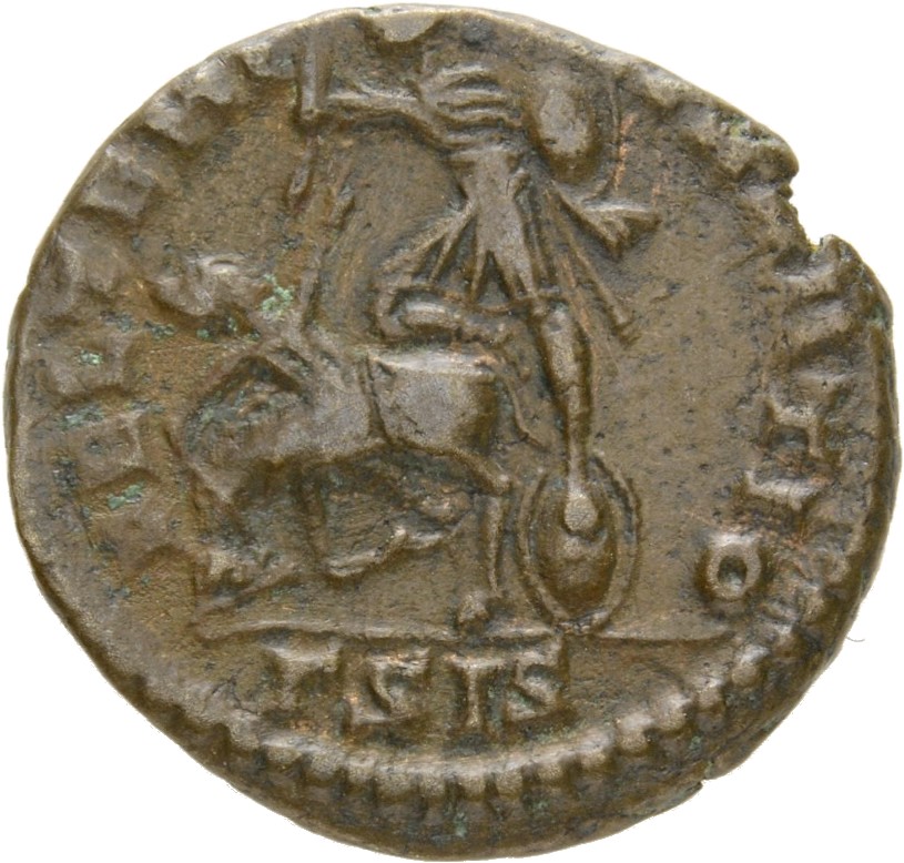 RIC VIII Siscia 351 Constantius II reverse, Soldier, helmeted, draped, cuirassed, advancing left, spearing fallen horseman...