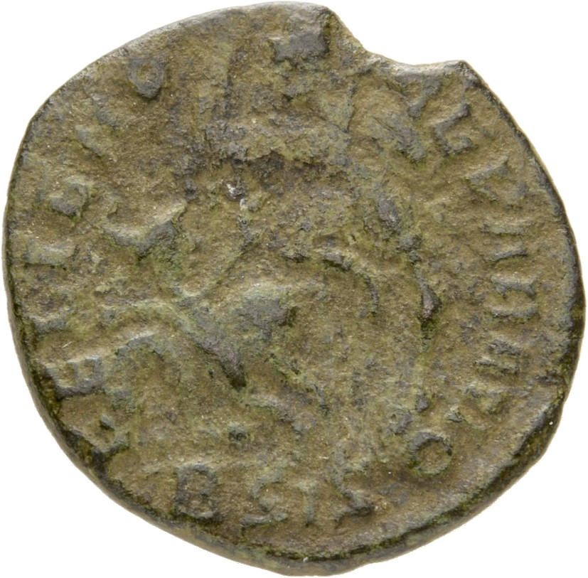 RIC VIII Siscia 351 Constantius II reverse, Soldier, helmeted, draped, cuirassed, advancing left, spearing fallen horseman...