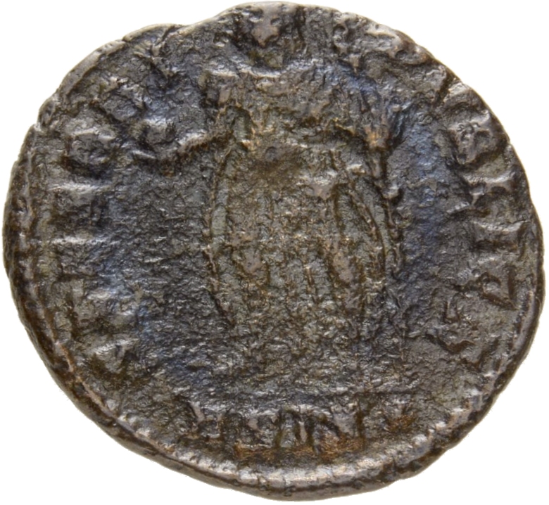 RIC VIII Siscia 396 Constantius II reverse, Constantius II, helmeted, draped, cuirassed, standing left, holding globe in r...