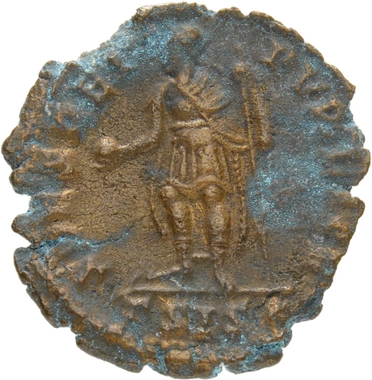 RIC VIII Siscia 396 Constantius II reverse, Constantius II, helmeted, draped, cuirassed, standing left, holding globe in r...