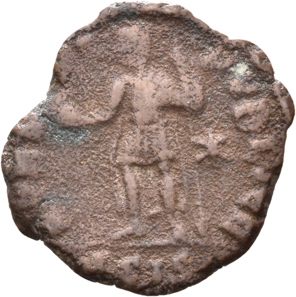 RIC VIII Siscia 399 Constantius II reverse, Constantius II, helmeted, draped, cuirassed, standing left, holding globe in r...