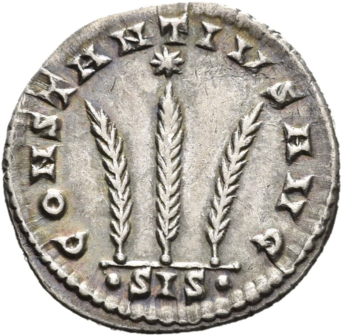 RIC VIII Siscia 61 Constantine II reverse, Three palm branches; above central palm, star