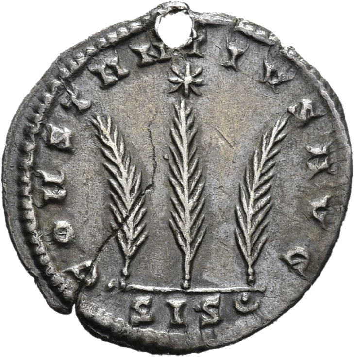 RIC VIII Siscia 62 Constantine II reverse, Three palm branches; above central palm, star