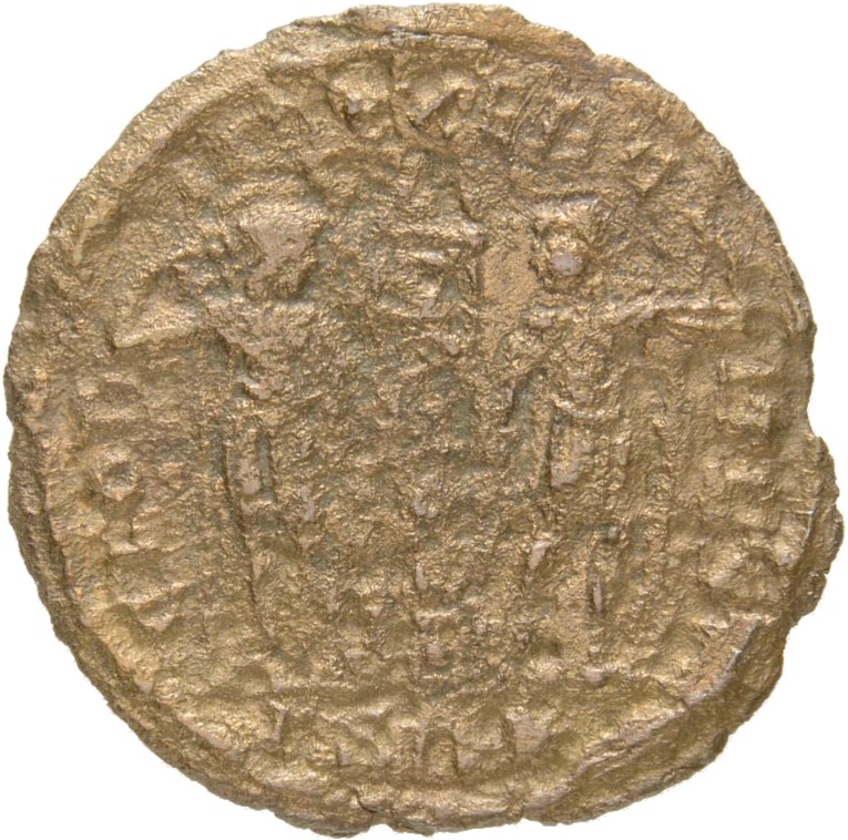 RIC VIII Siscia 76 Constantine II reverse, Two soldiers, helmeted, draped, cuirassed, facing front, heads toward each othe...