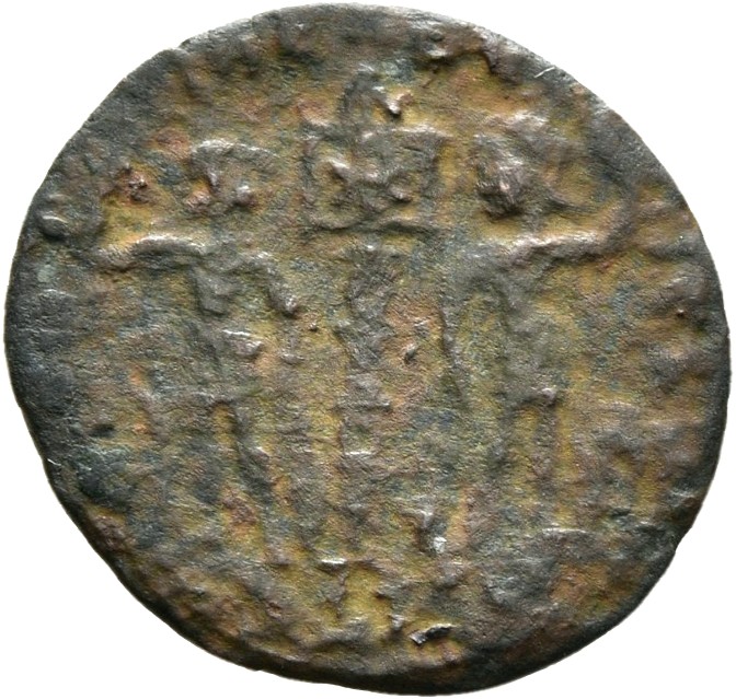 RIC VIII Siscia 76 Constantine II reverse, Two soldiers, helmeted, draped, cuirassed, facing front, heads toward each othe...