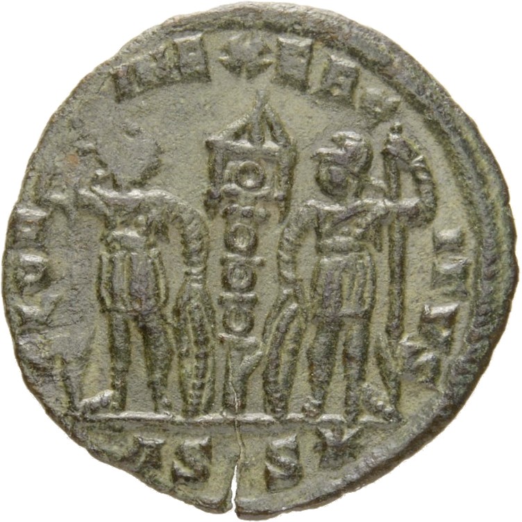 RIC VIII Siscia 78 Constantine II reverse, Two soldiers, helmeted, draped, cuirassed, facing front, heads toward each othe...