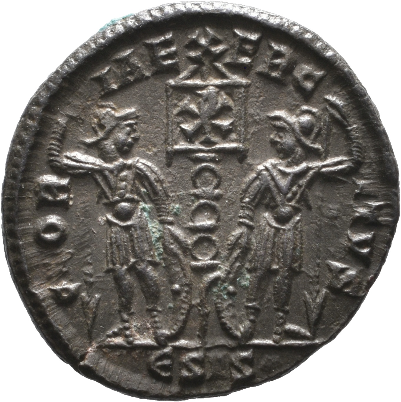 RIC VIII Siscia 85 Constantine II reverse, Two soldiers, helmeted, draped, cuirassed, facing front, heads toward each othe...