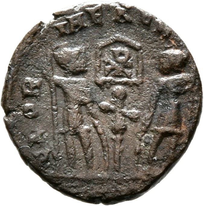 RIC VIII Siscia 85 Constantine II reverse, Two soldiers, helmeted, draped, cuirassed, facing front, heads toward each othe...