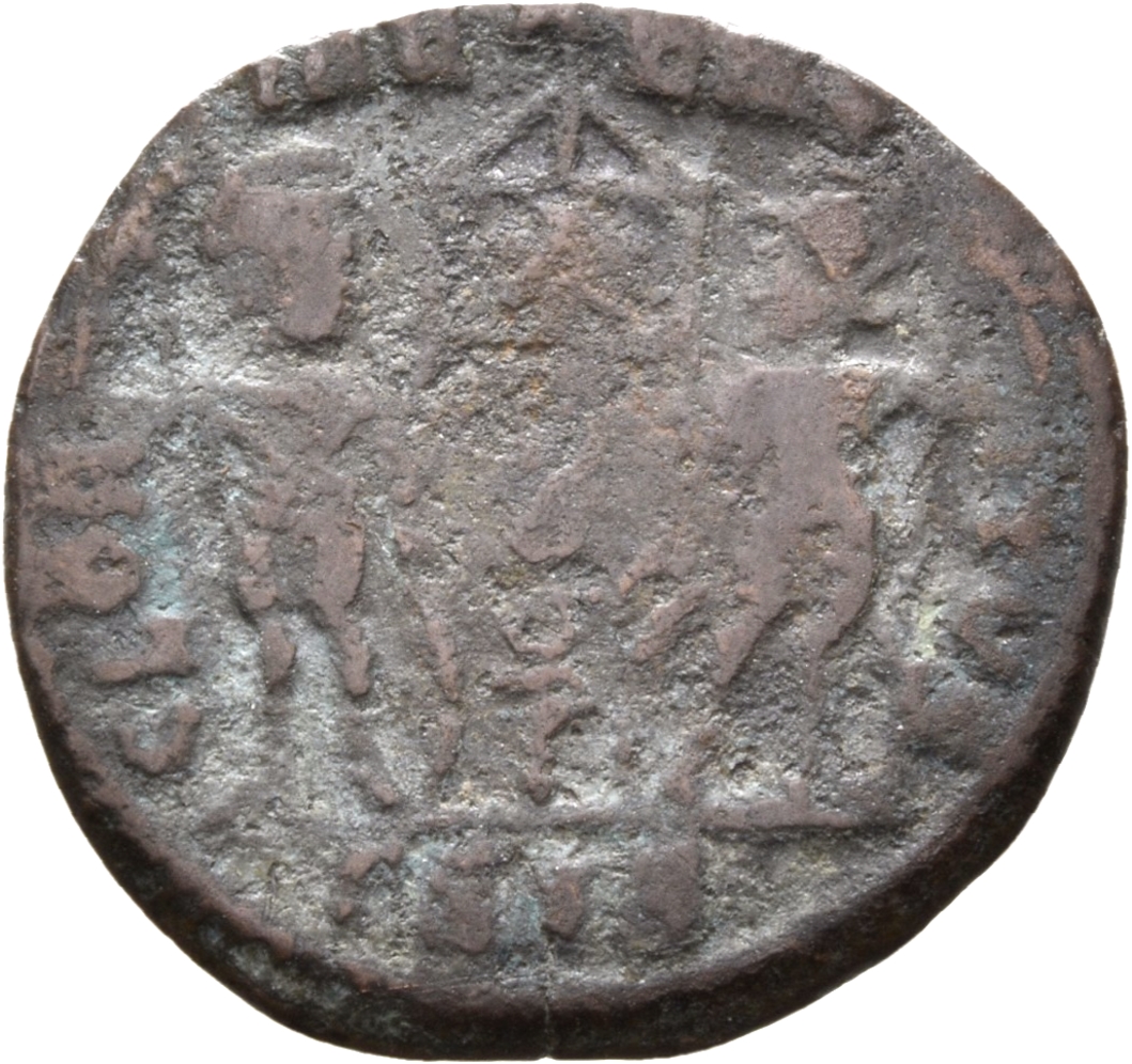 RIC VIII Siscia 86 Constantine II reverse, Two soldiers, helmeted, draped, cuirassed, facing front, heads toward each othe...