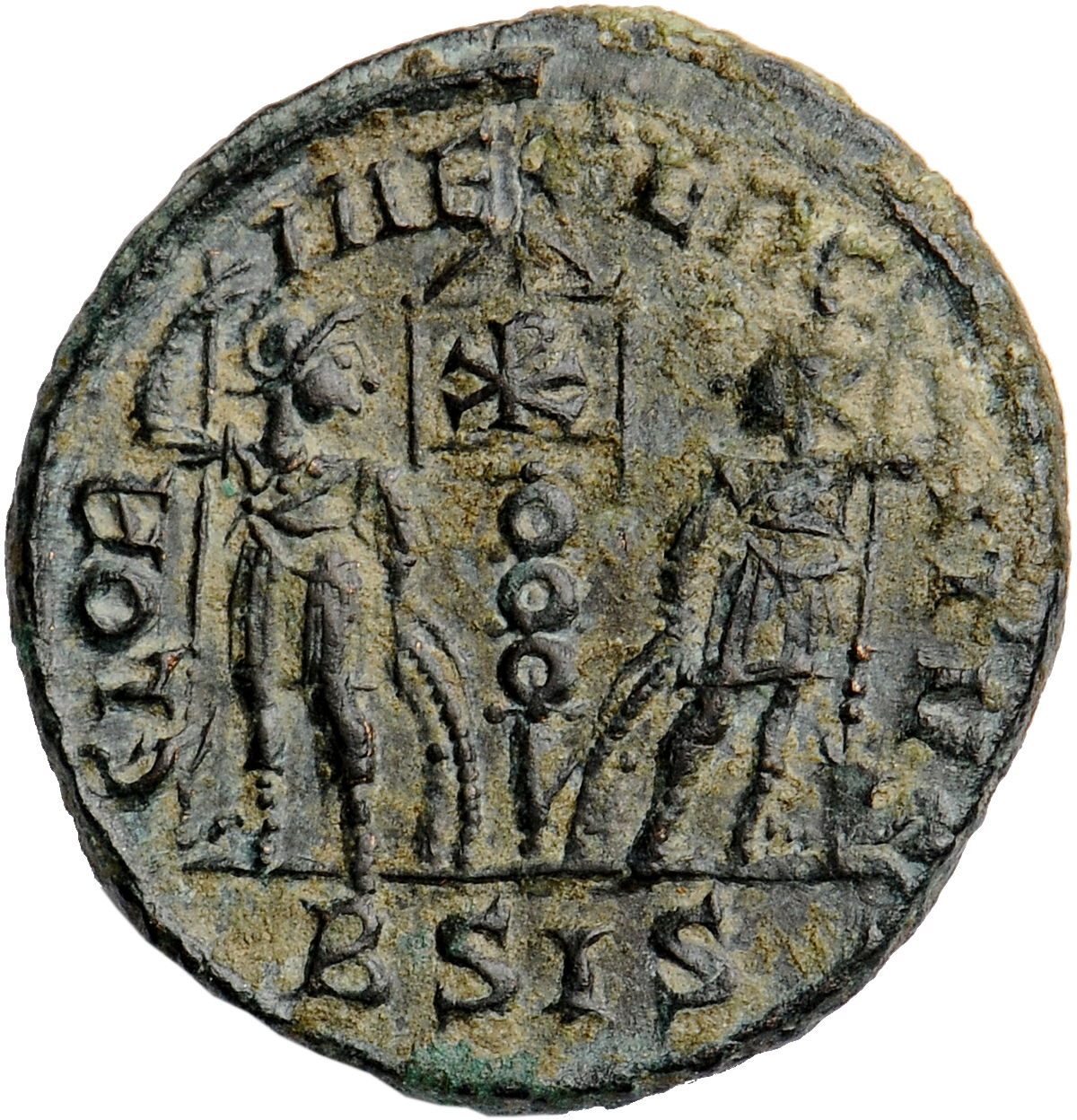 RIC VIII Siscia 87 Constantine II reverse, Two soldiers, helmeted, draped, cuirassed, facing front, heads toward each othe...