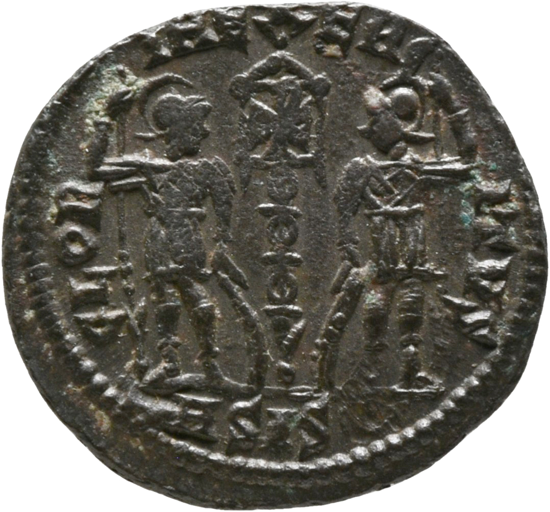 RIC VIII Siscia 87 Constantine II reverse, Two soldiers, helmeted, draped, cuirassed, facing front, heads toward each othe...