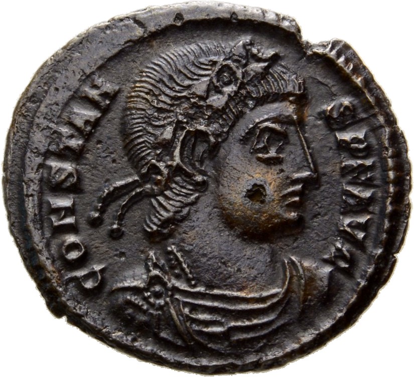 RIC VIII Siscia 88 Constantine II obverse, Bust of Constans, laureate, rosette-diademed, draped, cuirassed, right