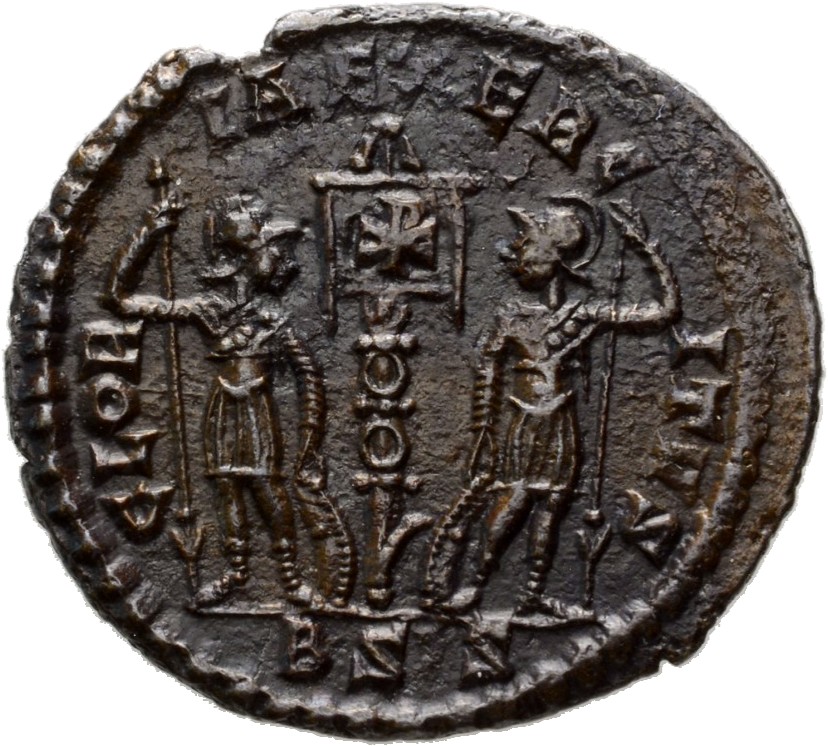 RIC VIII Siscia 88 Constantine II reverse, Two soldiers, helmeted, draped, cuirassed, facing front, heads toward each othe...