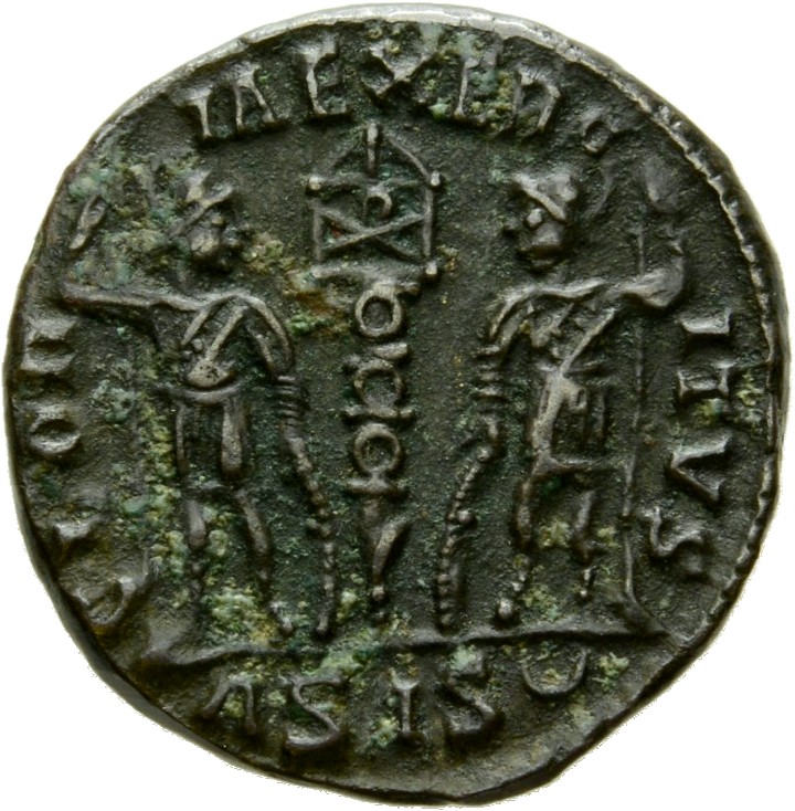 RIC VIII Siscia 93 Constantine II reverse, Two soldiers, helmeted, draped, cuirassed, facing front, heads toward each othe...