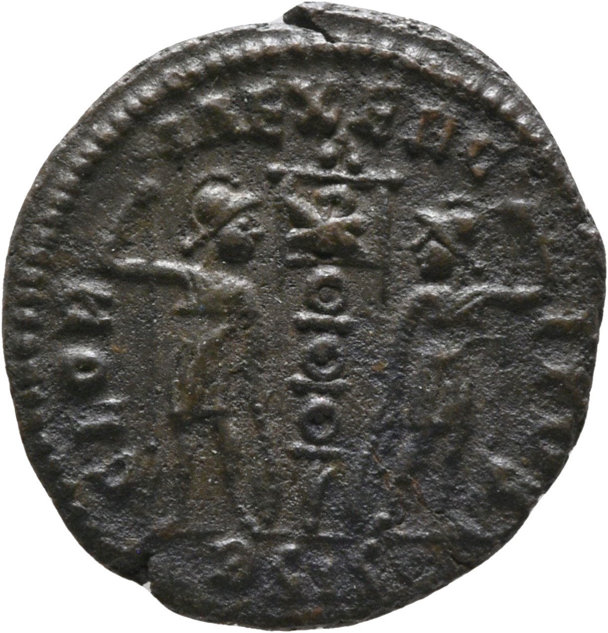 RIC VIII Siscia 93 Constantine II reverse, Two soldiers, helmeted, draped, cuirassed, facing front, heads toward each othe...