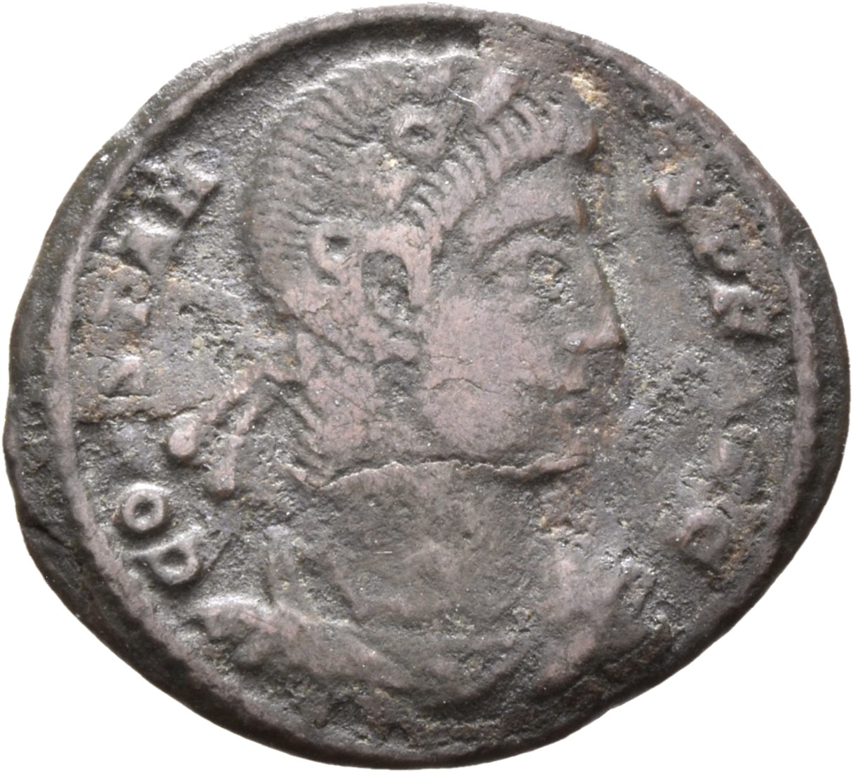 RIC VIII Siscia 94 Constantine II obverse, Bust of Constans, laureate, rosette-diademed, draped, cuirassed, right