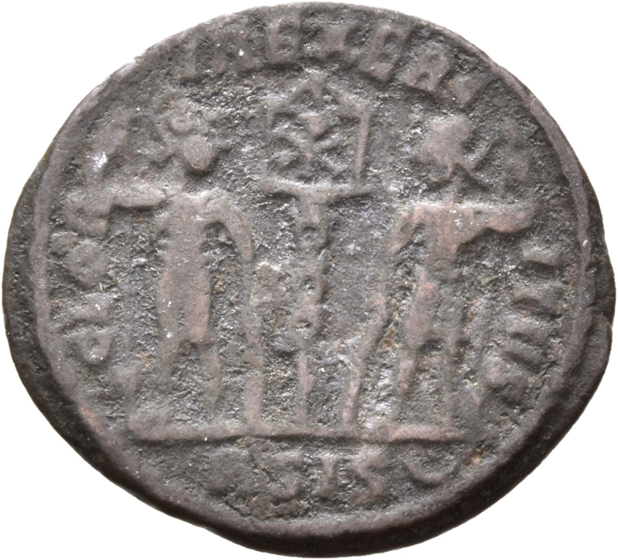 RIC VIII Siscia 94 Constantine II reverse, Two soldiers, helmeted, draped, cuirassed, facing front, heads toward each othe...