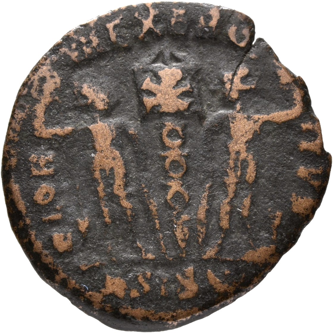 RIC VIII Siscia 95 Constantine II reverse, Two soldiers, helmeted, draped, cuirassed, facing front, heads toward each othe...