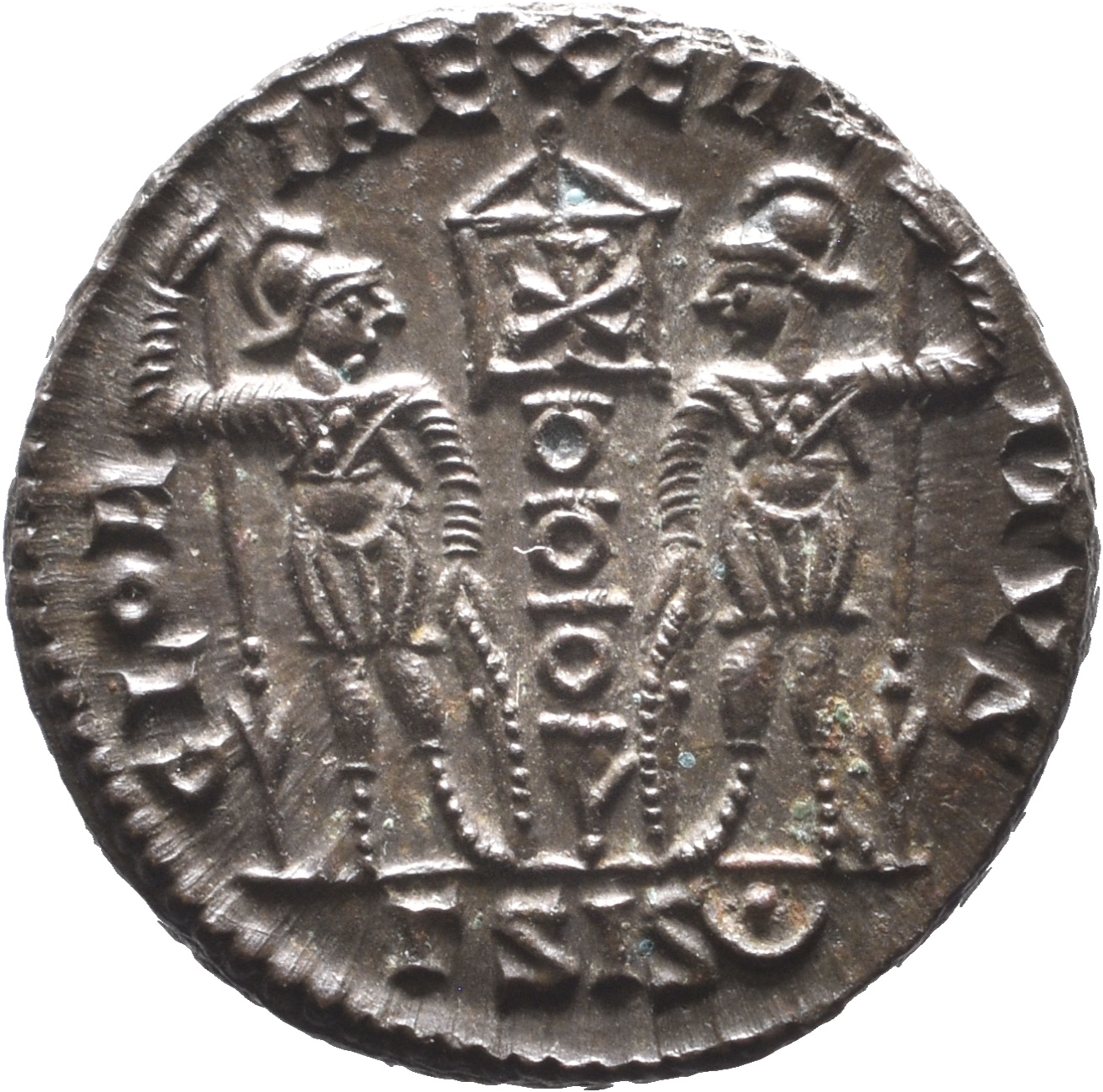 RIC VIII Siscia 97 Constantine II reverse, Two soldiers, helmeted, draped, cuirassed, facing front, heads toward each othe...