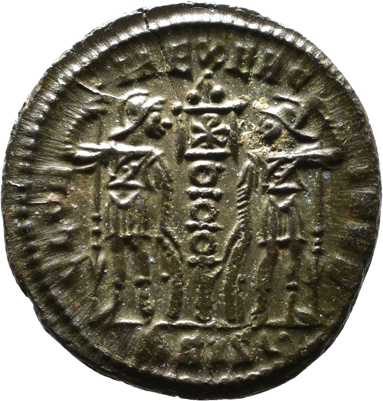 RIC VIII Siscia 99 Constantine II reverse, Two soldiers, helmeted, draped, cuirassed, facing front, heads toward each othe...