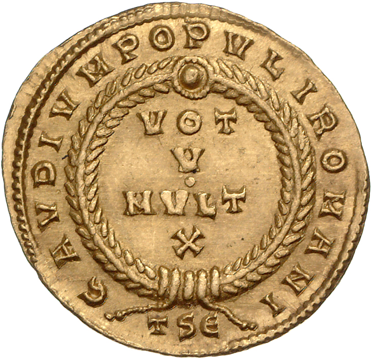 RIC VIII Thessalonica 10 Constantius II reverse, VOT/V/MVLT/X within a wreath