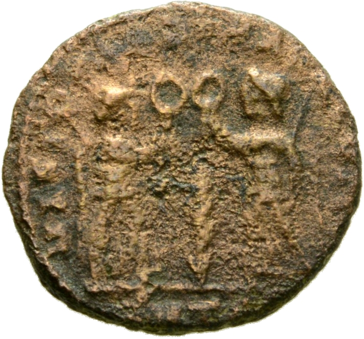 RIC VIII Thessalonica 103 Constantius II reverse, Two Victories, winged, draped, facing each other, each holding wreath in...