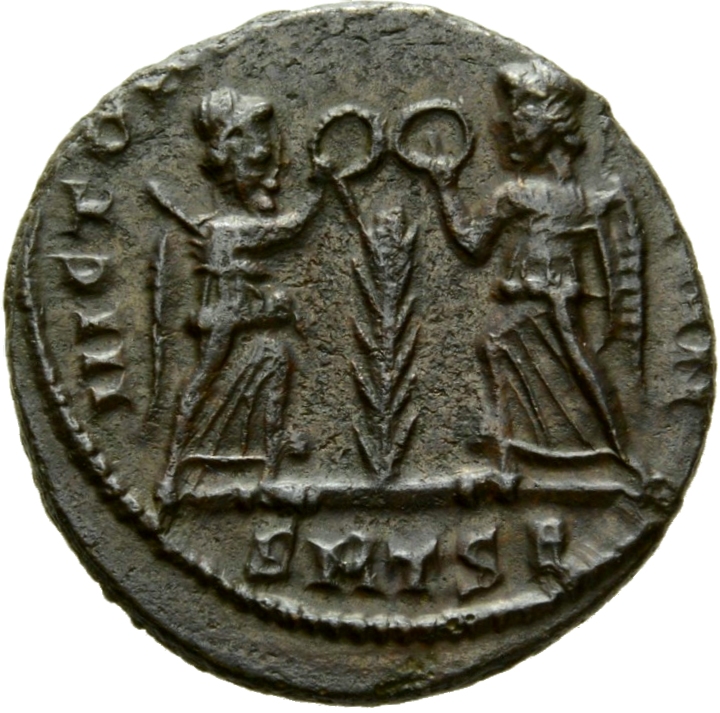 RIC VIII Thessalonica 105 Constantius II reverse, Two Victories, winged, draped, facing each other, each holding wreath in...