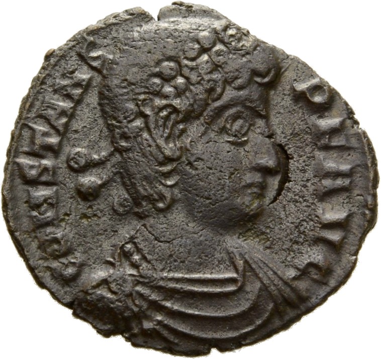 RIC VIII Thessalonica 106 Constantius II obverse, Bust of Constans, pearl-diademed, draped, cuirassed, right