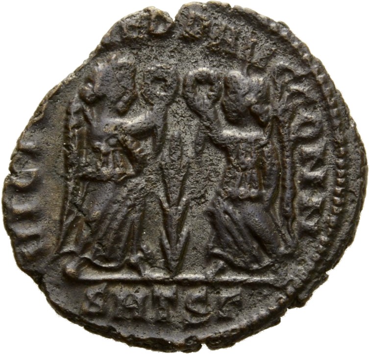 RIC VIII Thessalonica 106 Constantius II reverse, Two Victories, winged, draped, facing each other, each holding wreath in...