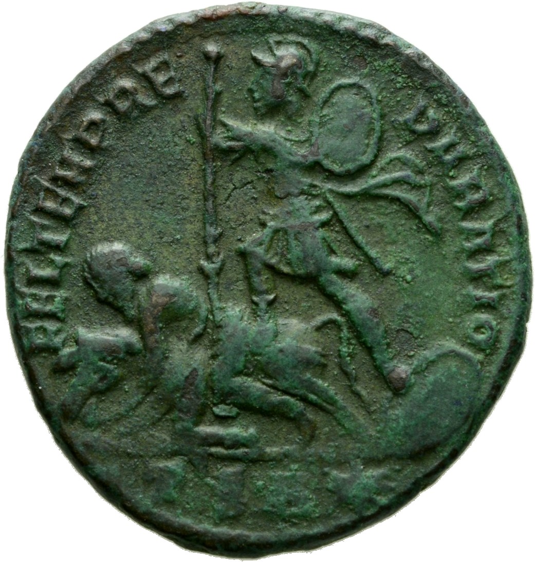 RIC VIII Thessalonica 116 Constantius II reverse, Soldier, helmeted, draped, cuirassed, advancing left, spearing fallen ho...