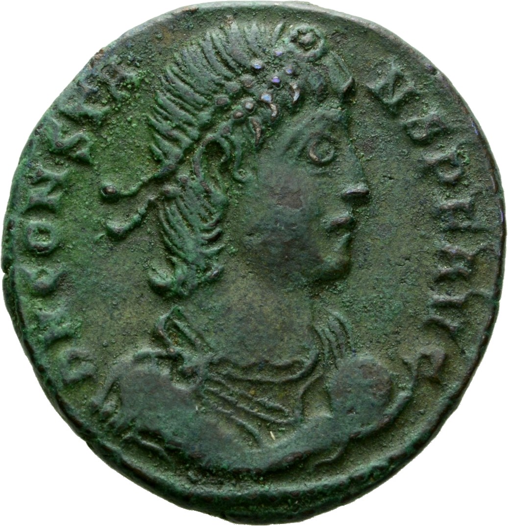 RIC VIII Thessalonica 116 Constantius II obverse, Bust of Constans, pearl-diademed, draped, cuirassed, right, holding glob...