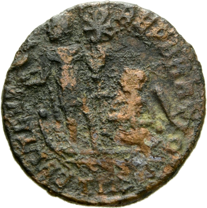 RIC VIII Thessalonica 119 Constantius II reverse, Constantius II, draped, cuirassed, standing left on galley, holding phoe...