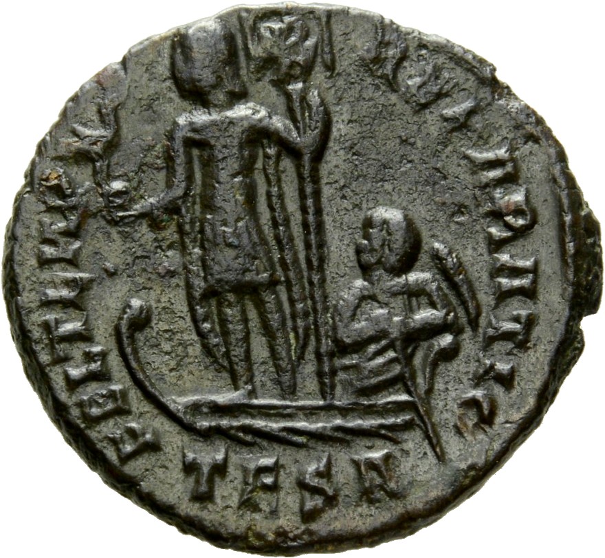 RIC VIII Thessalonica 120 Constantius II reverse, Constans, draped, cuirassed, standing left on galley, holding phoenix on...