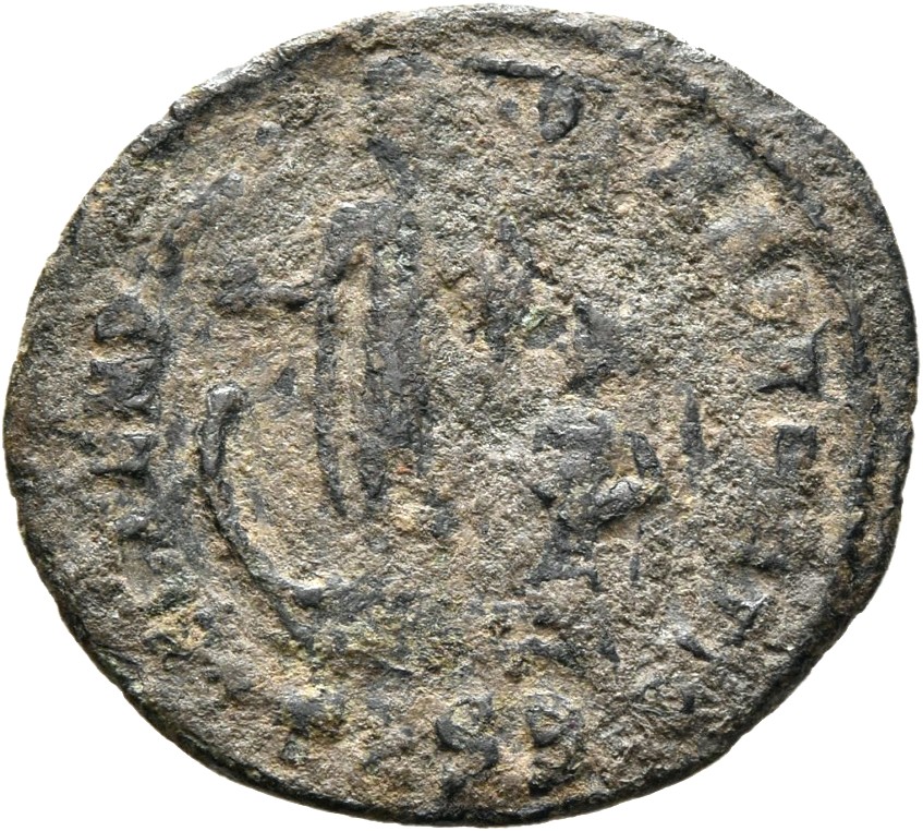 RIC VIII Thessalonica 120 Constantius II reverse, Constans, draped, cuirassed, standing left on galley, holding phoenix on...