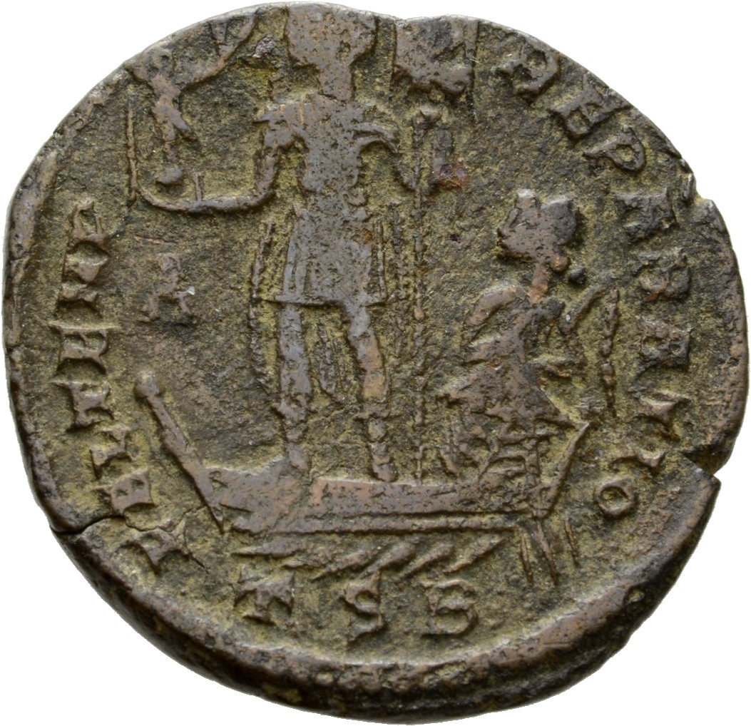 RIC VIII Thessalonica 122 Constantius II reverse, Constans, draped, cuirassed, standing left on galley, holding Victory on...
