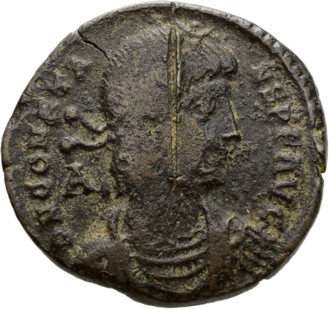 RIC VIII Thessalonica 122 Constantius II obverse, Bust of Constans, pearl-diademed, draped, cuirassed, right; A behind bust