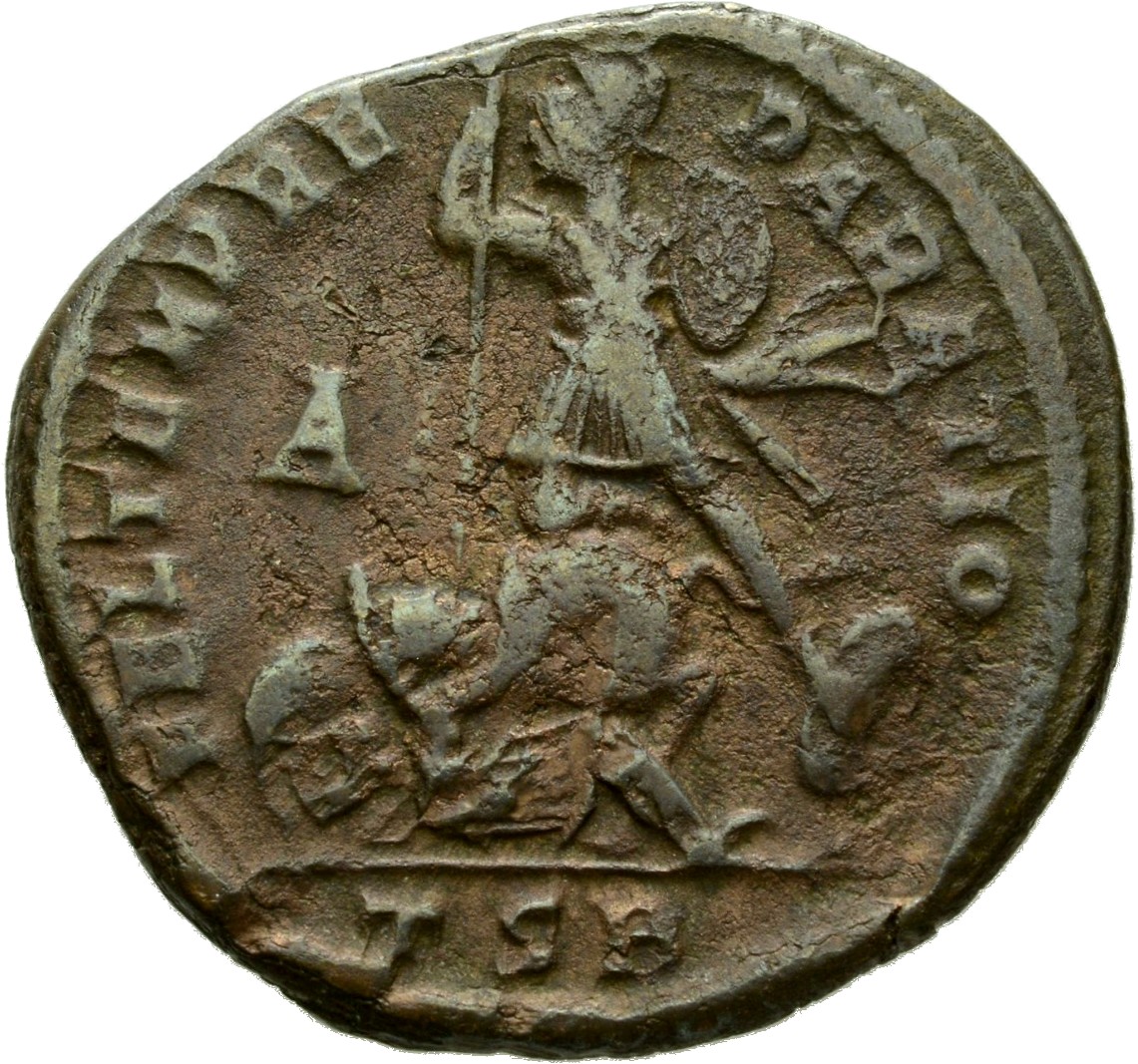 RIC VIII Thessalonica 123 Constantius II reverse, Soldier, helmeted, draped, cuirassed, advancing left, spearing fallen ho...