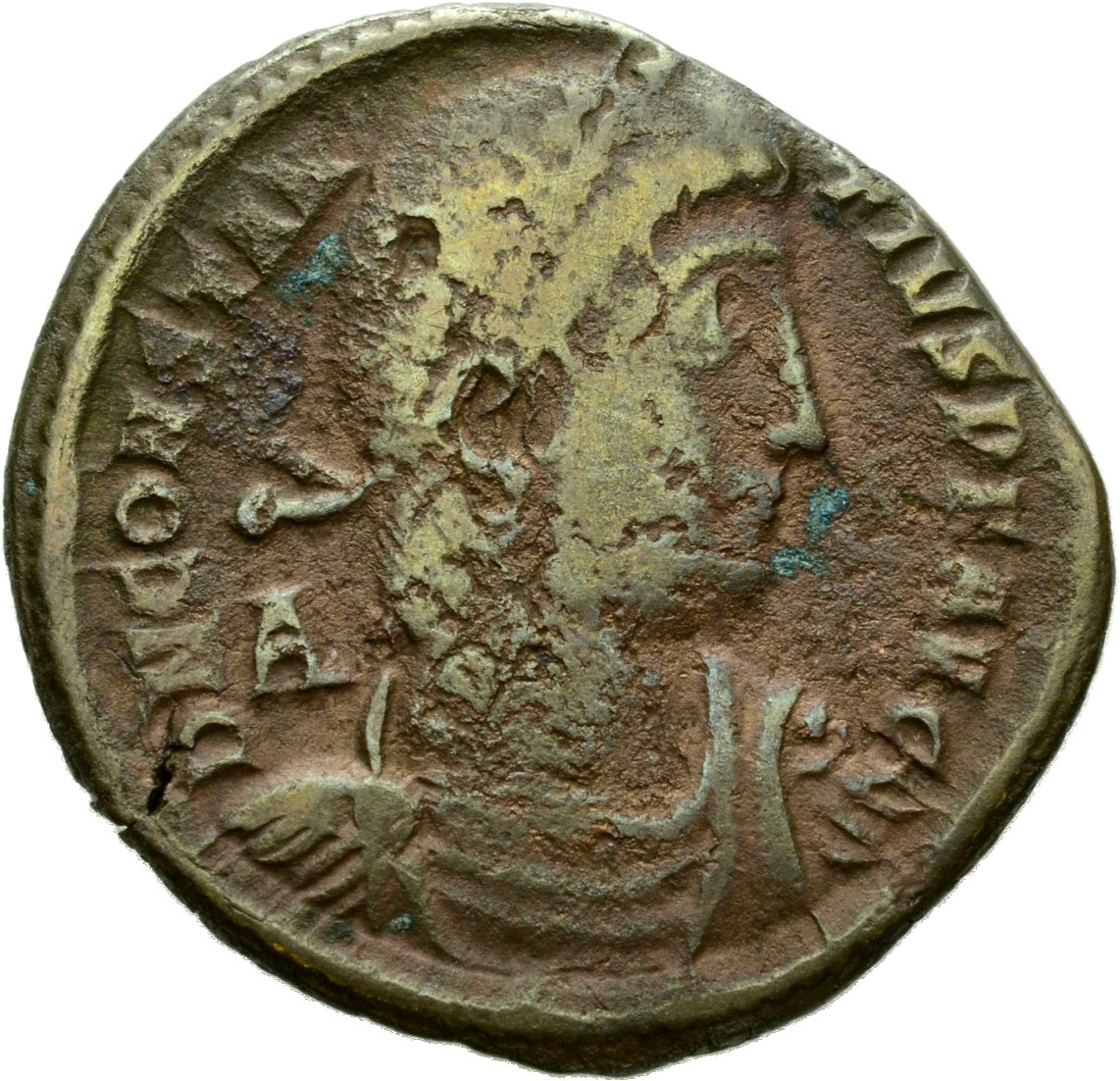 RIC VIII Thessalonica 123 Constantius II obverse, Bust of Constantius II, pearl-diademed, draped, cuirassed, right; A behi...