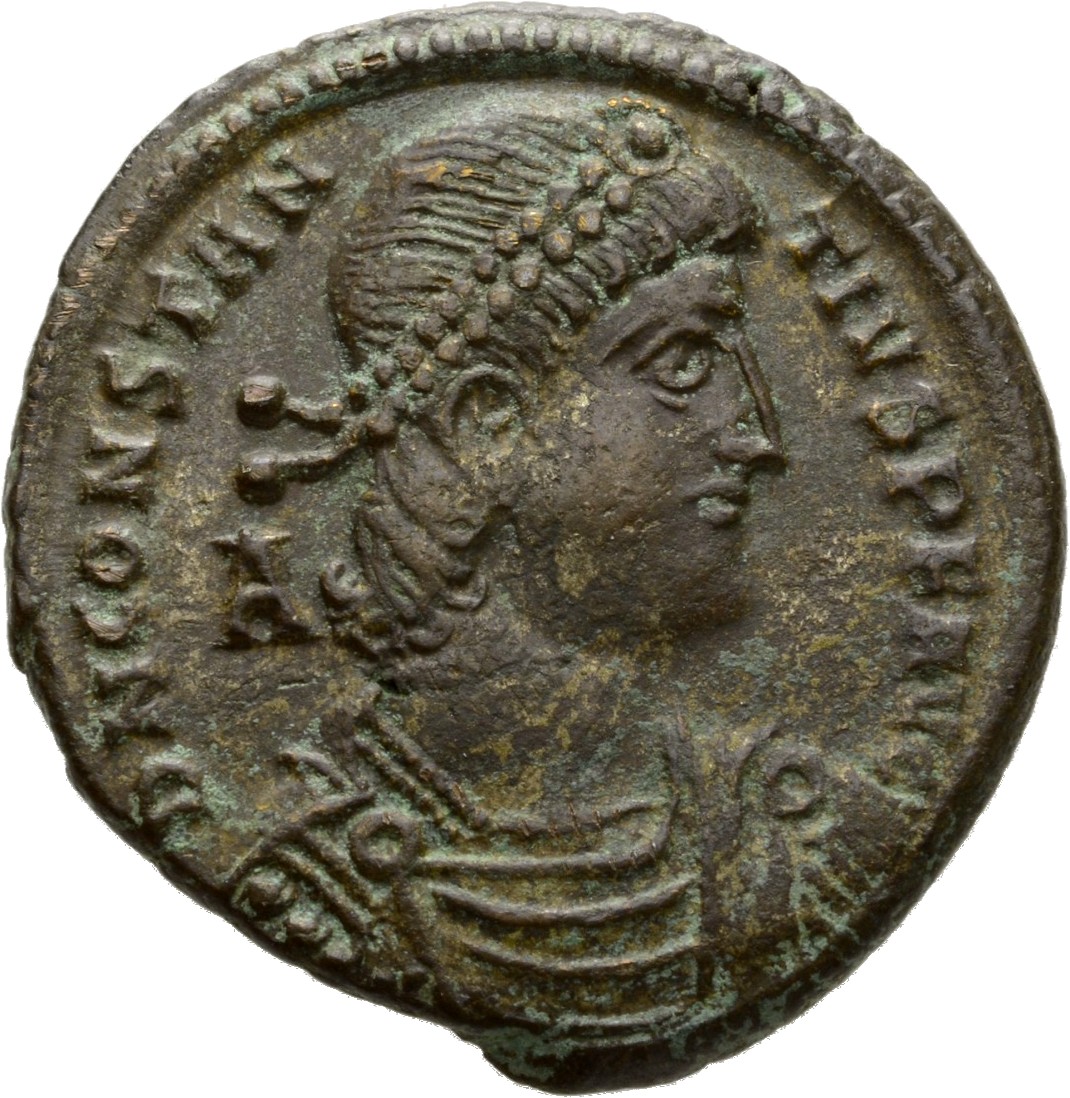 RIC VIII Thessalonica 123 Constantius II obverse, Bust of Constantius II, pearl-diademed, draped, cuirassed, right; A behi...