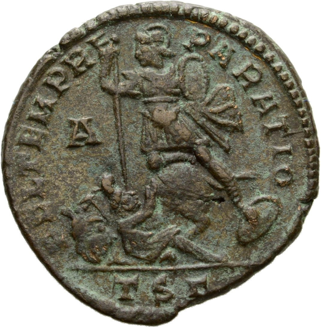 RIC VIII Thessalonica 123 Constantius II reverse, Soldier, helmeted, draped, cuirassed, advancing left, spearing fallen ho...