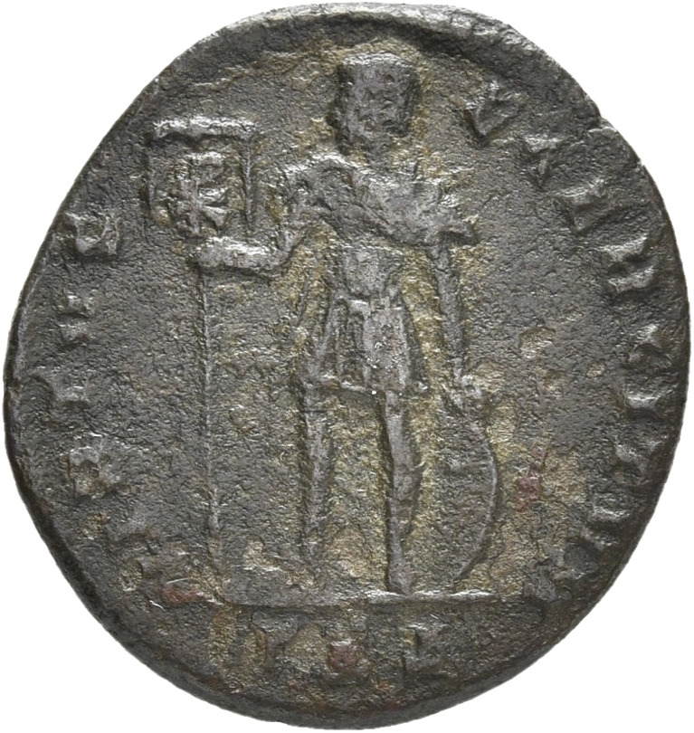 RIC VIII Thessalonica 126 Constantius II reverse, Vetranio, draped, cuirassed, standing front, head left, holding standard...