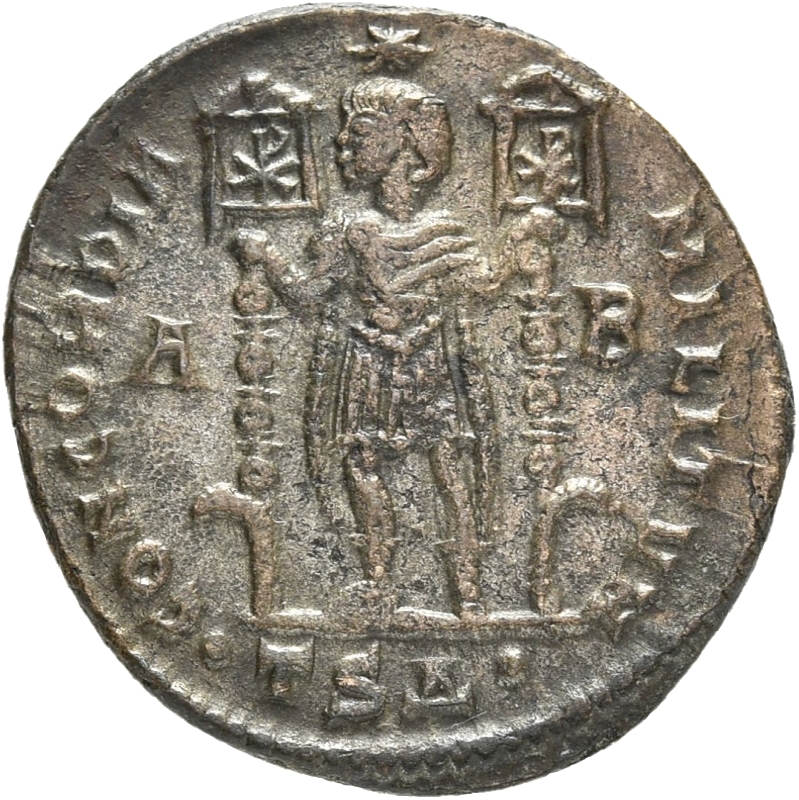 RIC VIII Thessalonica 131 Constantius II reverse, Vetranio, diademed, draped, cuirassed, standing front, head left, holdin...