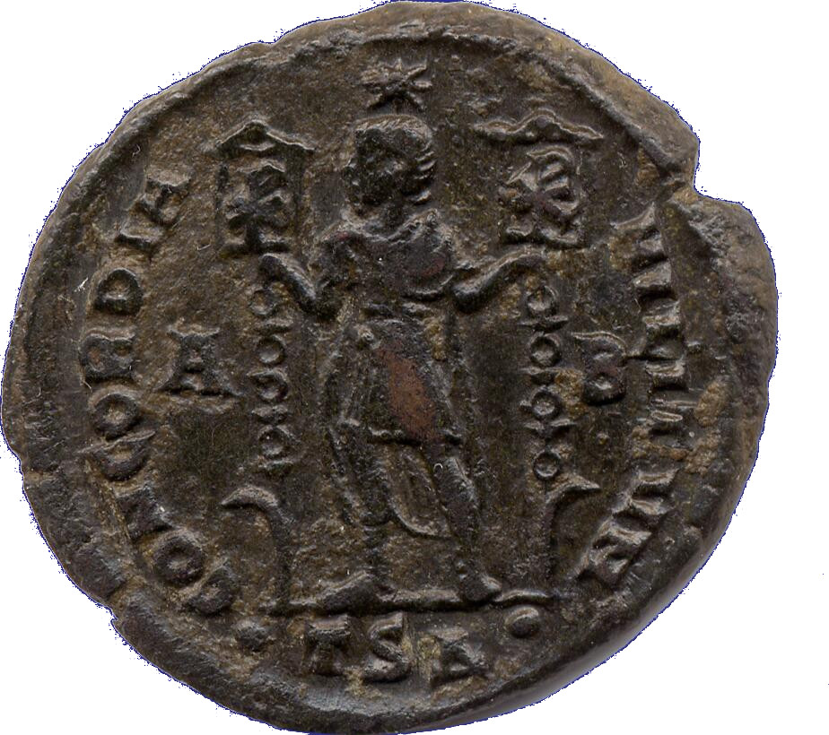 RIC VIII Thessalonica 131 Constantius II reverse, Vetranio, diademed, draped, cuirassed, standing front, head left, holdin...