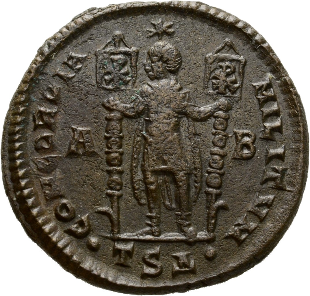 RIC VIII Thessalonica 132 Constantius II reverse, Vetranio, diademed, draped, cuirassed, standing front, head left, holdin...