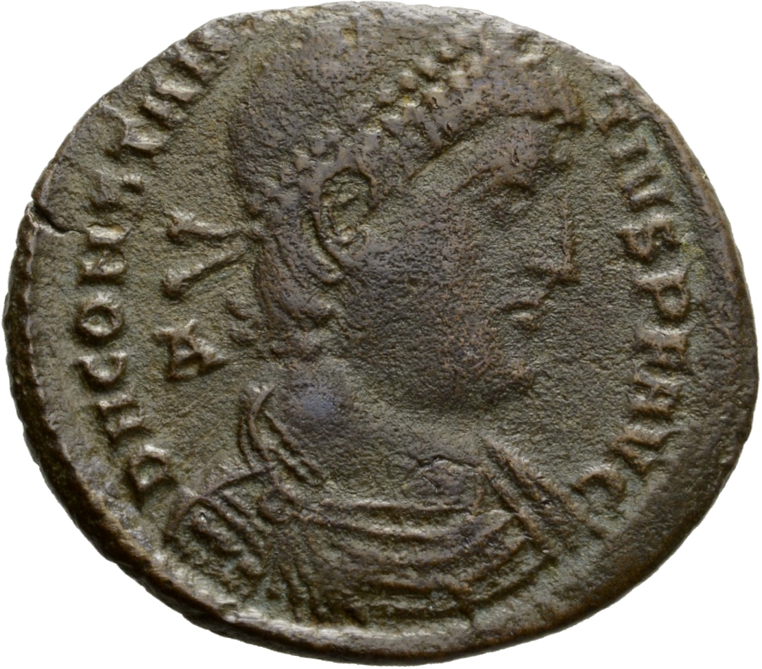 RIC VIII Thessalonica 133 Constantius II obverse, Bust of Constantius II, pearl-diademed, draped, cuirassed, right; A behi...