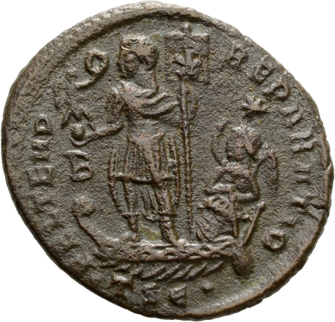 RIC VIII Thessalonica 133 Constantius II reverse, Constantius II, draped, cuirassed, standing left on galley, holding Vict...