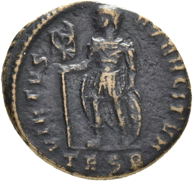 RIC VIII Thessalonica 138 Constantius II reverse, Vetranio, draped, cuirassed, standing front, head left, holding standard...